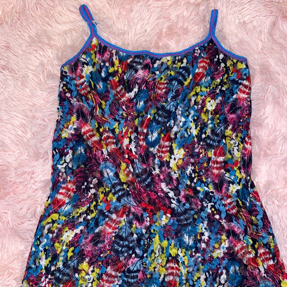 Colorful lacy stretch camisole top.